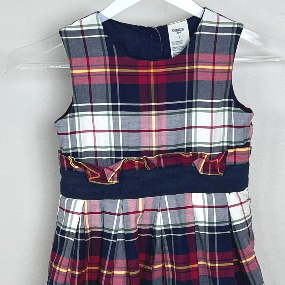 OshKosh B'gosh Plaid Dress Girls‎ 7 Sleeveless Ruffle Waist Red Tartan